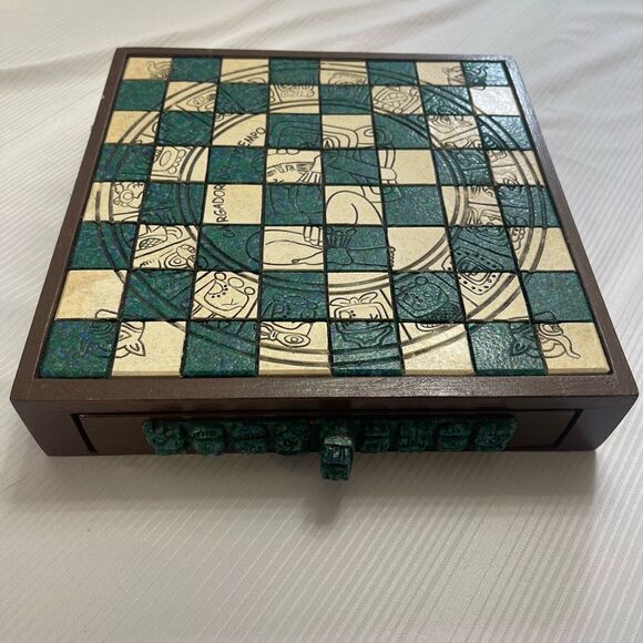 Aztec Mayan Calendar Malachite/Wood Green Chess Set VTG Read Description - Picture 1 of 12